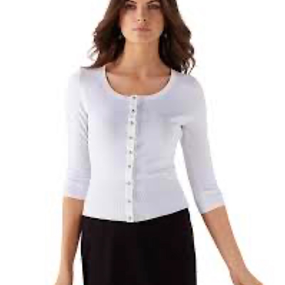 White House Black Market WHBM Snap Front Crew Neck Cardigan, White, Size Medium